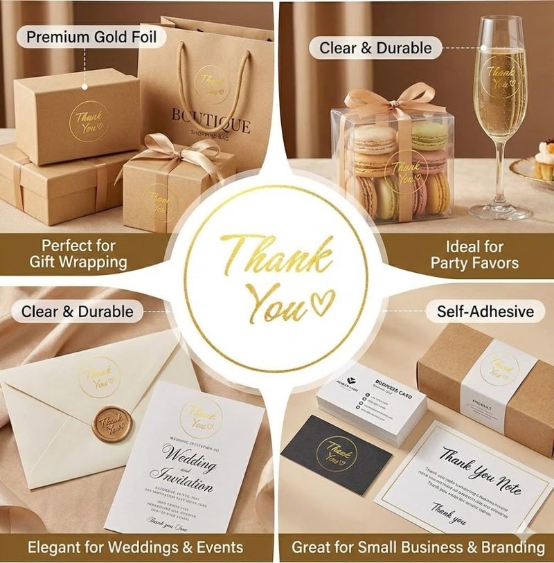 IBAKE 1.5 Inch Clear Thank You Stickers Roll – 500 PCS Gold Foil Script, Waterproof Transparent Adhesive Labels for Small Business Packaging, Gift Bags, Envelopes, Weddings & Events - Image 3